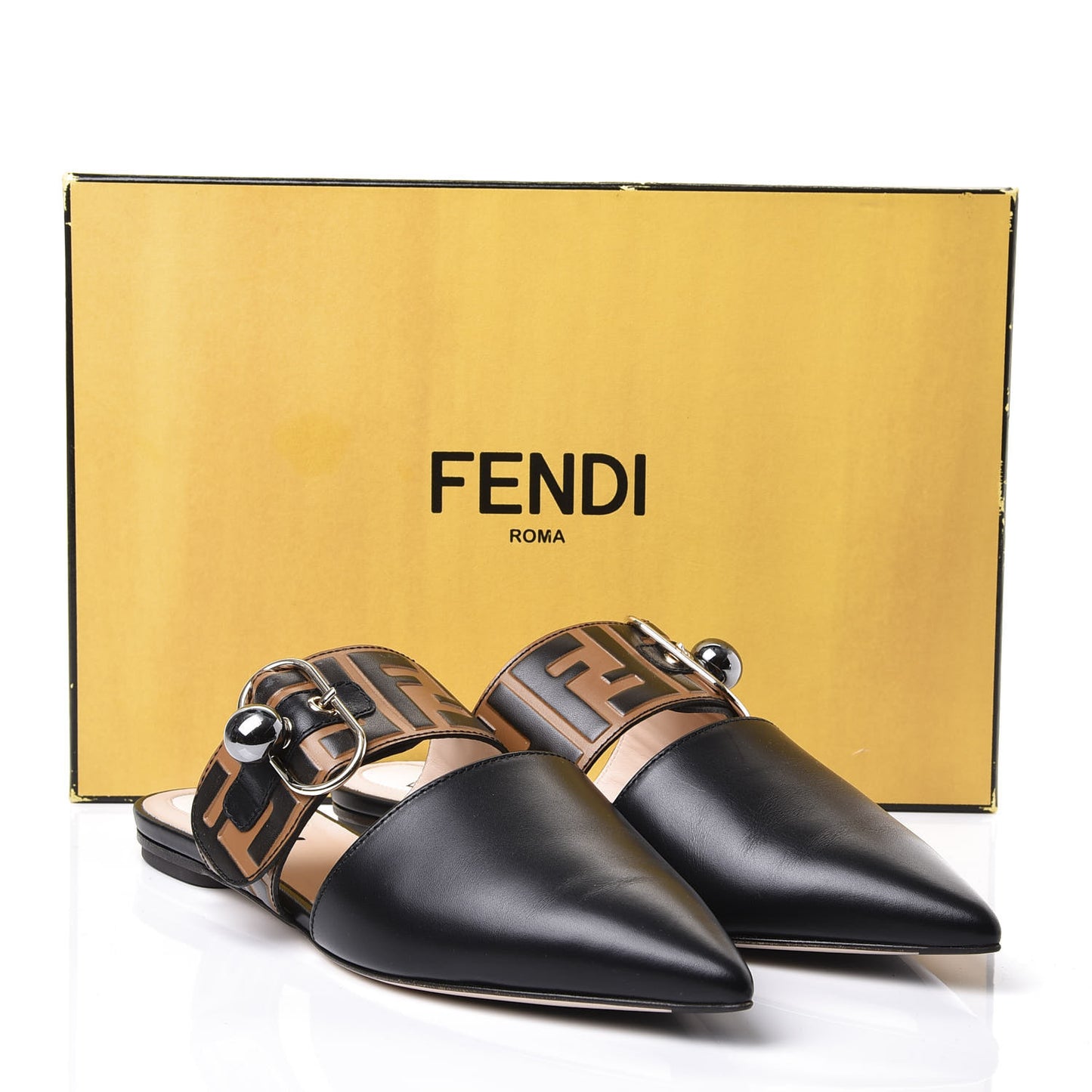 Vitello FF Embossed Buckle Flat Mules 37.5 Maya Black