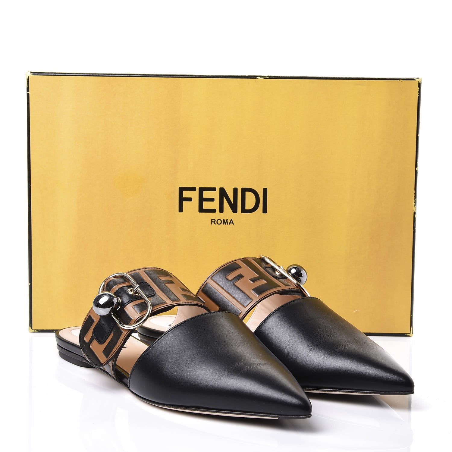 Fendi Vitello FF Embossed Buckle Flat Mules 37.5 Maya Black 10 of 10