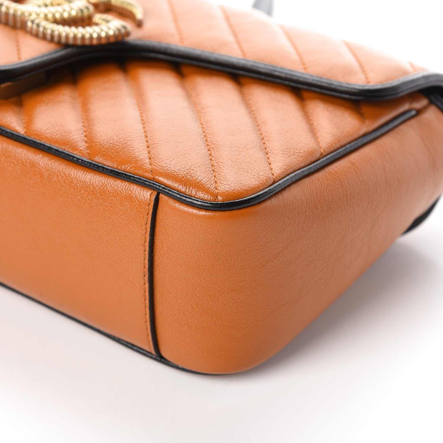 Gucci Vintage Effect Calfskin Matelasse Diagonal Small Torchon GG Marmont Shoulder Bag Cognac Black 9 of 9
