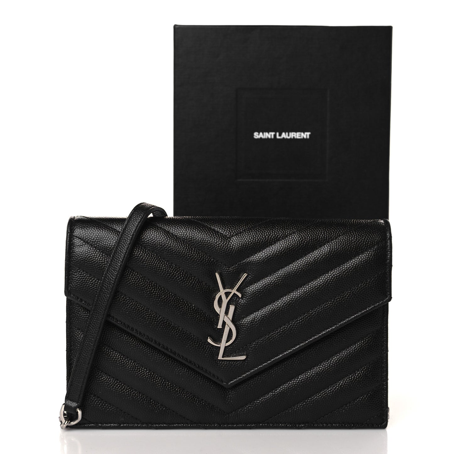 Grain De Poudre Matelasse Chevron Monogram Envelope Chain Wallet Black