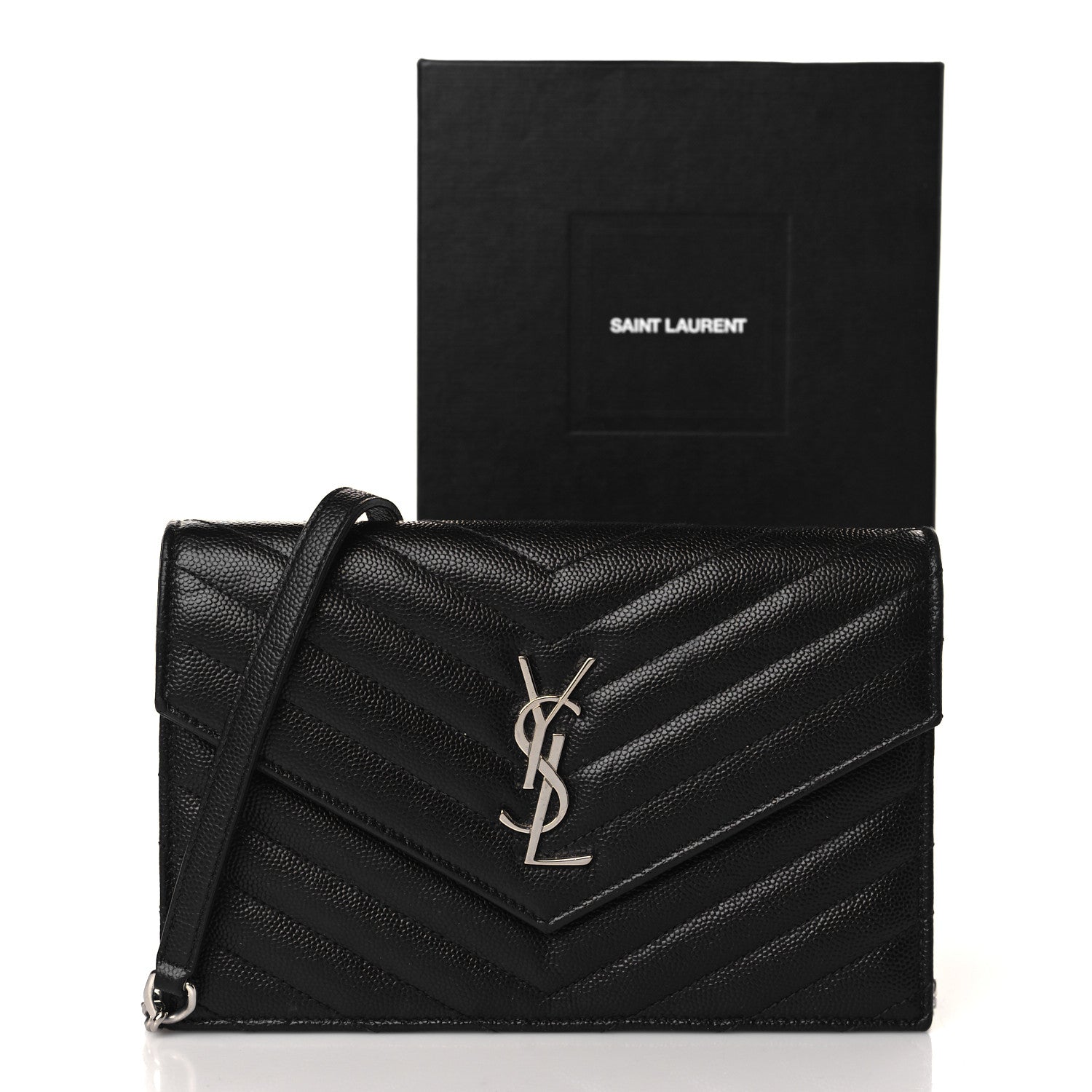 Saint Laurent Grain De Poudre Matelasse Chevron Monogram Envelope Chain Wallet Black 9 of 9