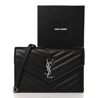 Saint Laurent Grain De Poudre Matelasse Chevron Monogram Envelope Chain Wallet Black 9 of 9