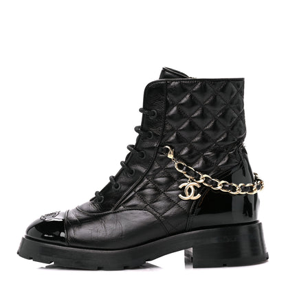 Chanel Shiny Calfskin Patent Quilted Chain Lace Up Combat Boots 39 Black 1 of 9