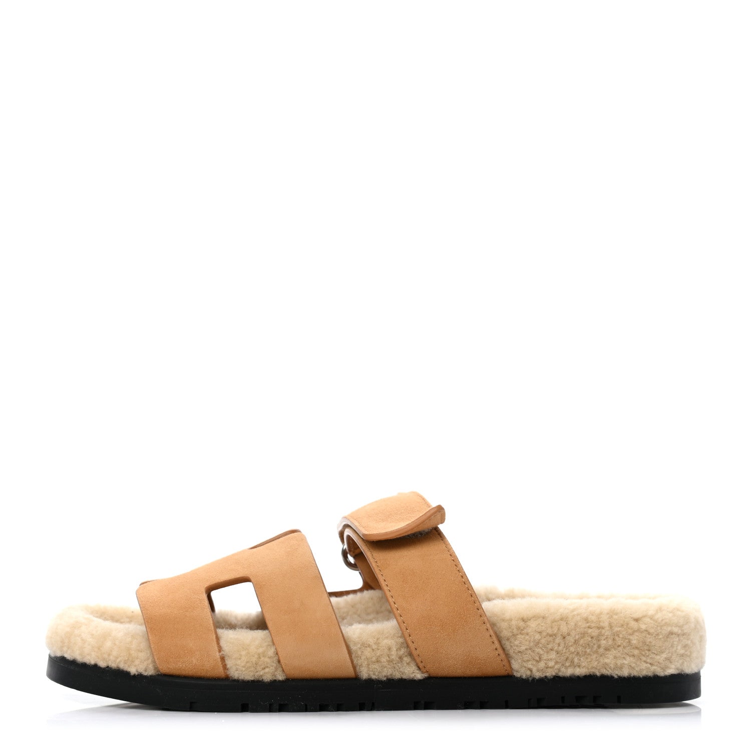 Hermes Suede Goatskin Woolskin Womens Chypre Sandals 37 Golden Beige 1 of 8