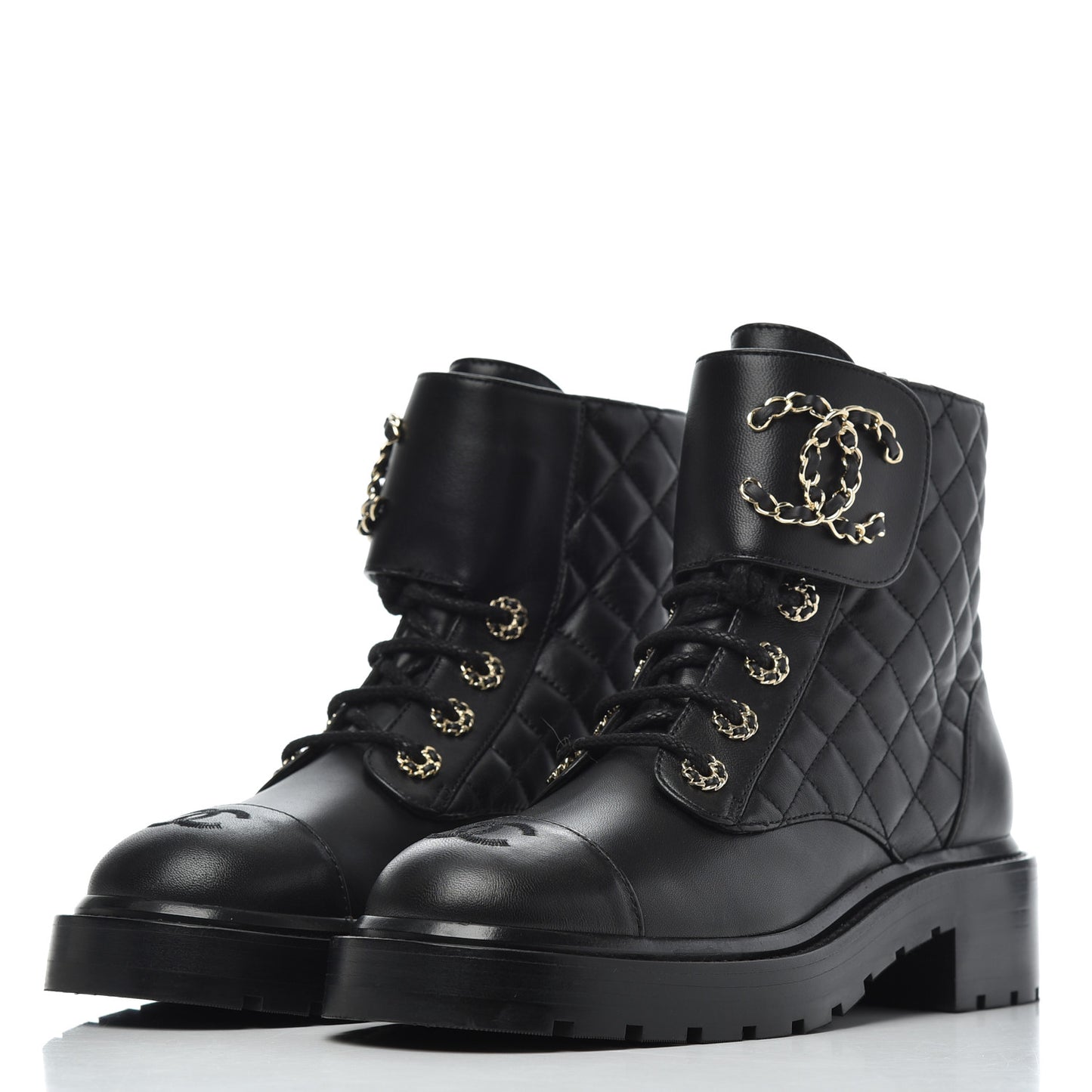 Shiny Lambskin Quilted Lace Up Combat Boots 37.5 Black