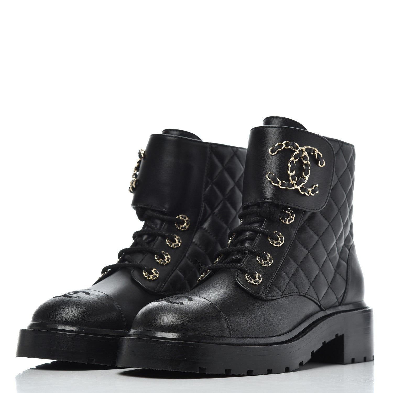 Chanel Shiny Lambskin Quilted Lace Up Combat Boots 37.5 Black 3 of 9
