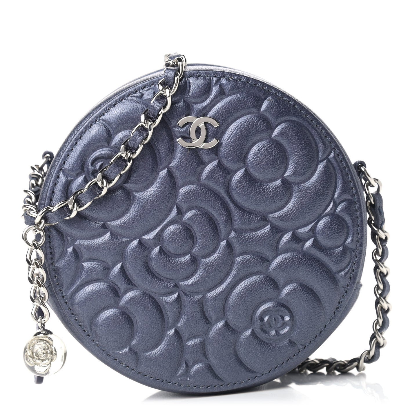 Goatskin Camellia Embossed Round Clutch With Chain Dark Blue