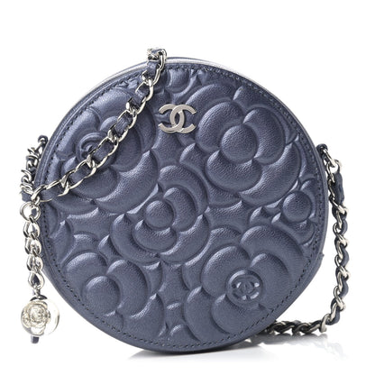 Chanel Goatskin Camellia Embossed Round Clutch With Chain Dark Blue 1 of 9