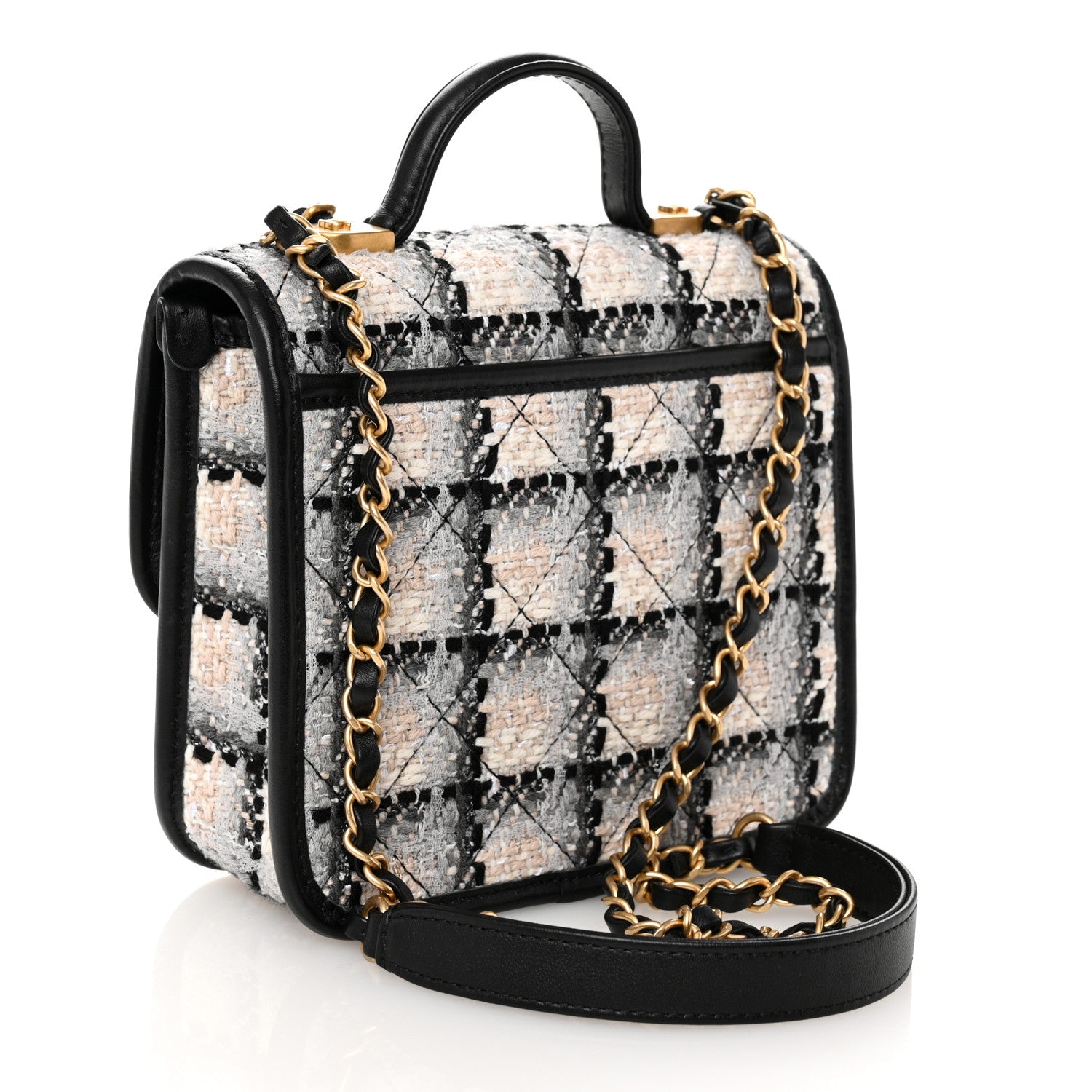Chanel Tweed Calfskin School Memory Mini Top Handle Flap Ecru Grey Beige Black 3 of 10