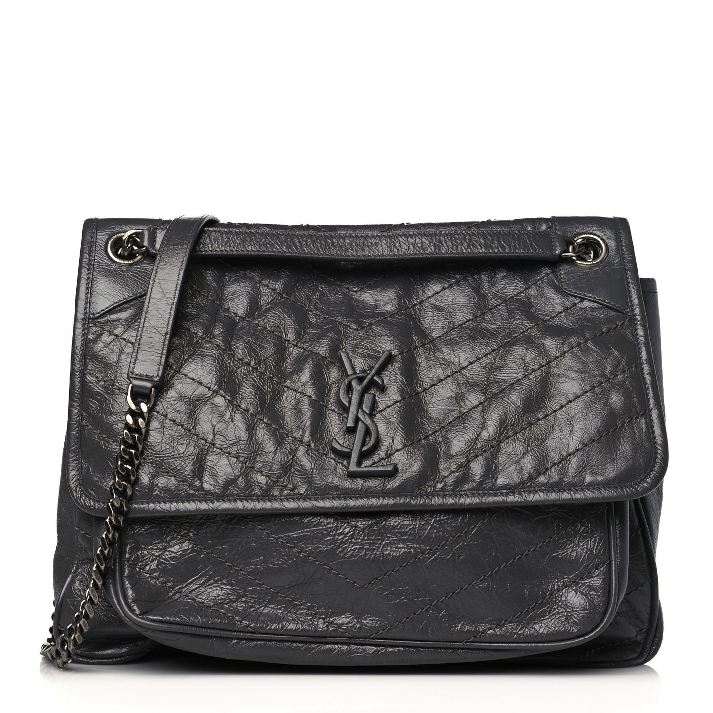 Crinkled Calfskin Matelasse Monogram Large Niki Chain Satchel Asphalt