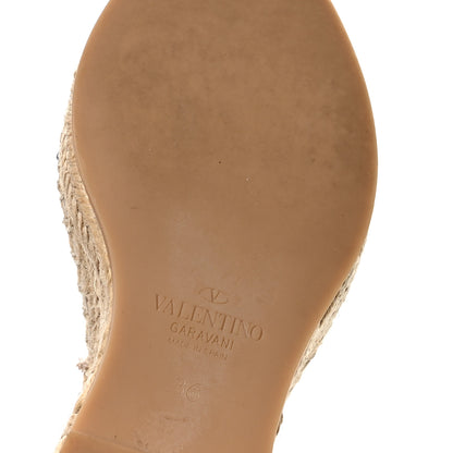 Valentino Garavani Grained Calfskin Rockstud Ankle Strap Espadrille 15/105mm Wedge Sandals 36 Baltique Natural 7 of 9