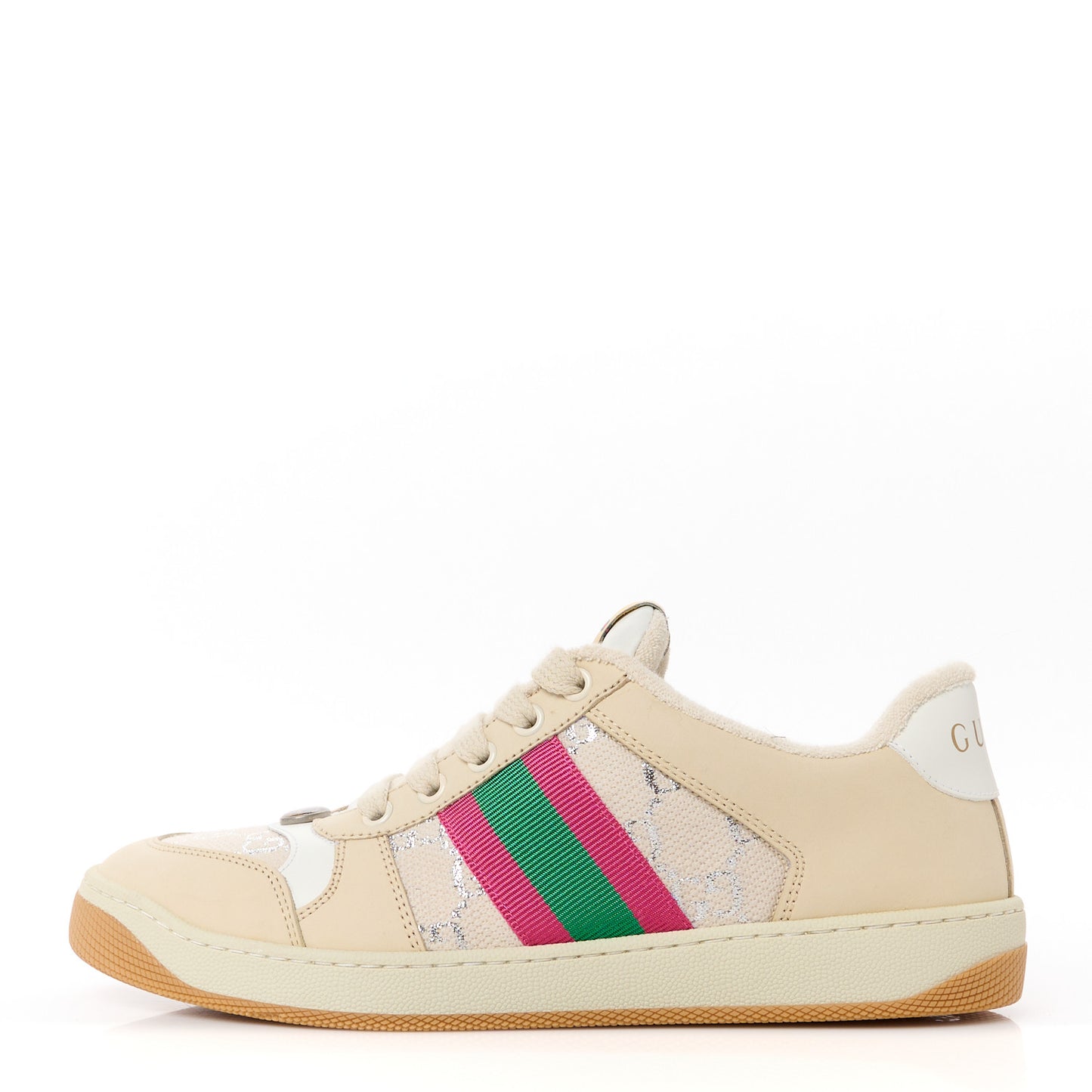 Calfskin Lame GG Monogram Web Womens Screener Sneakers 38.5 Gardenia Silver Dusty Milk White