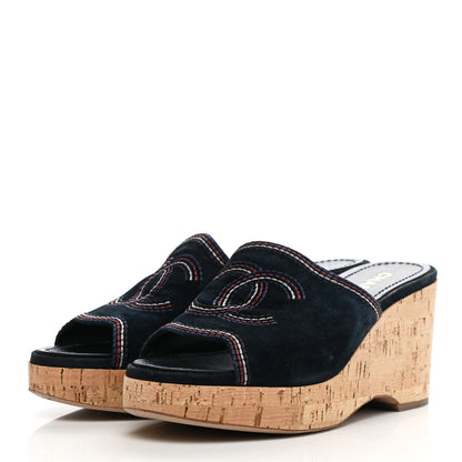 Chanel Suede Calfskin Cork CC Wedge Sandal 38.5 Navy Blue 3 of 10