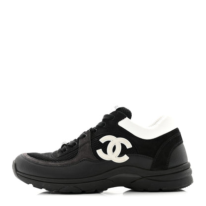 Chanel Mesh Suede Grained Calfskin Womens CC Sneakers 39.5 Black White 1 of 8