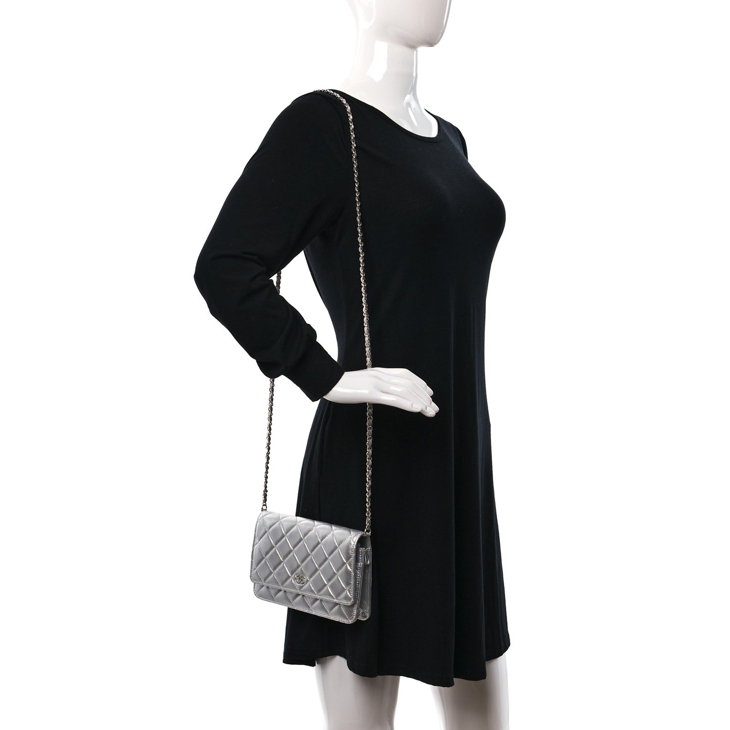 Metallic Lambskin Quilted Wallet On Chain WOC Silver