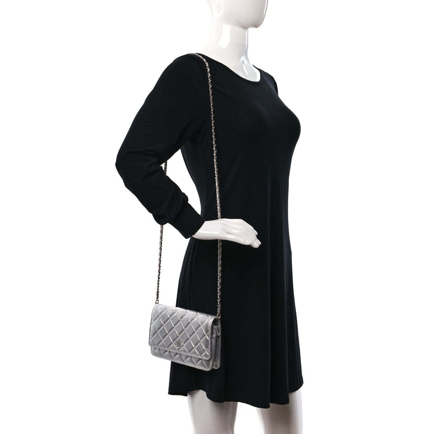 Chanel Metallic Lambskin Quilted Wallet On Chain WOC Silver 2 of 13
