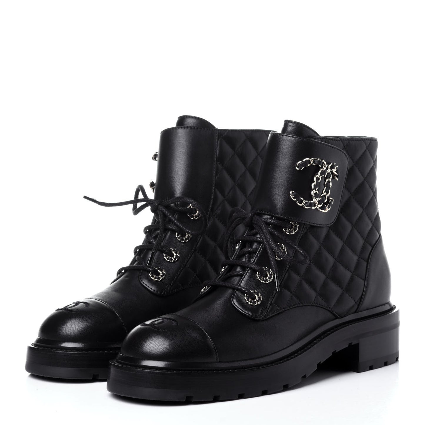 Shiny Lambskin Quilted Lace Up Combat Boots 38 Black