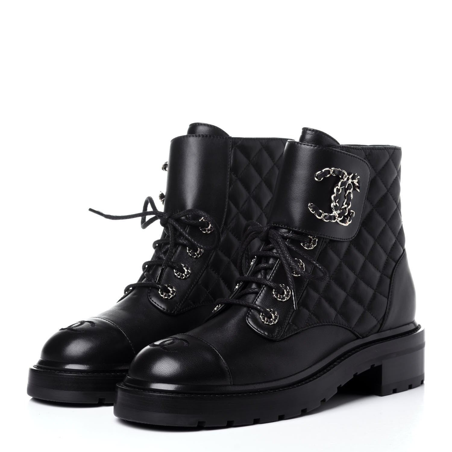Chanel Shiny Lambskin Quilted Lace Up Combat Boots 38 Black 3 of 12