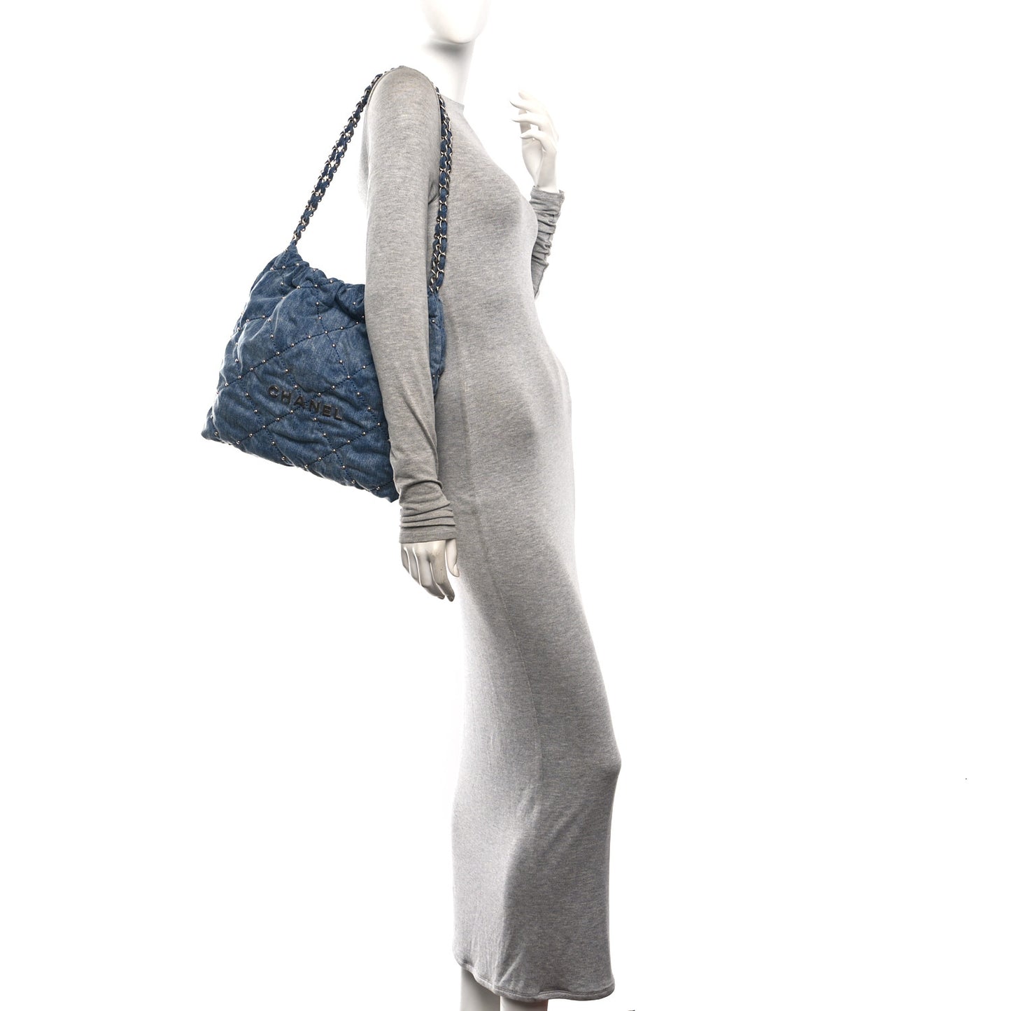 Washed Denim Quilted Studded Small Chanel 22 Blue