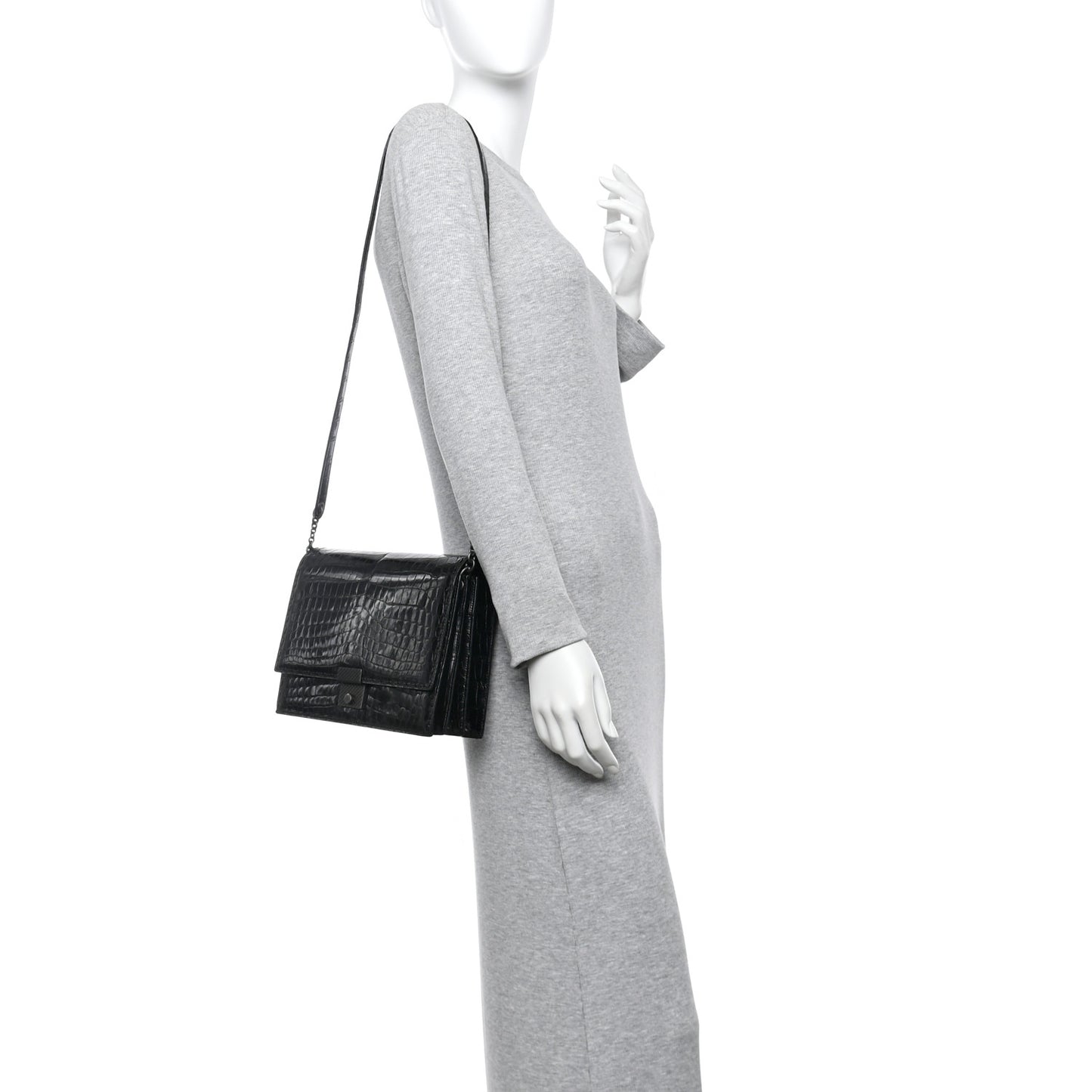 Crocodile Accordion Flap Shoulder Bag Black