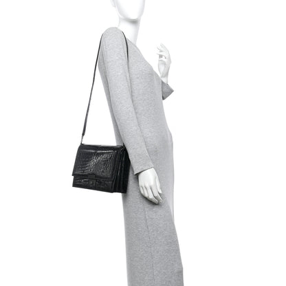 Bottega Veneta Crocodile Accordion Flap Shoulder Bag Black 2 of 12