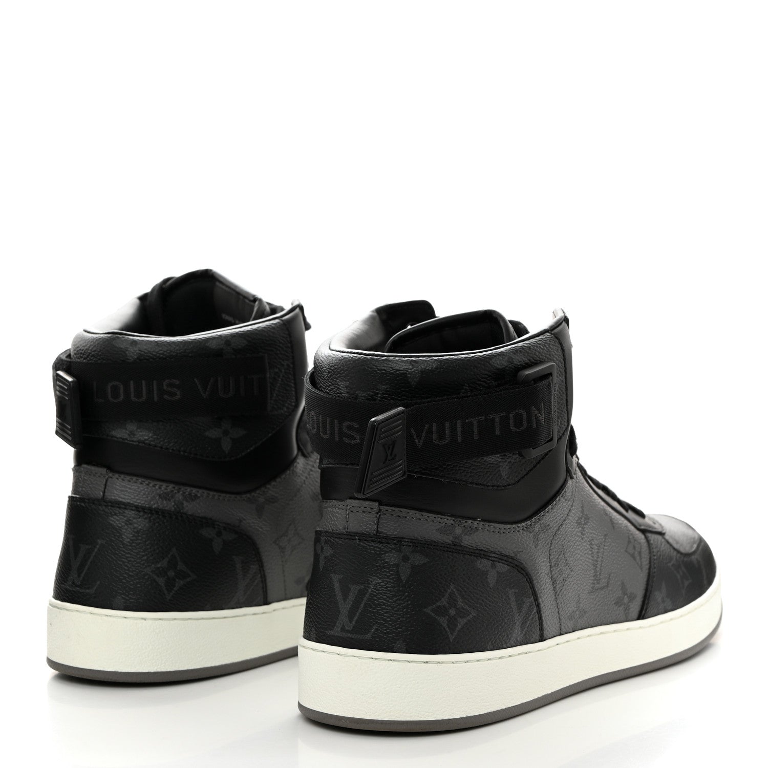 Louis Vuitton Calfskin Monogram Eclipse Mens Rivoli High Top Sneakers 10.5 Black Grey 4 of 9