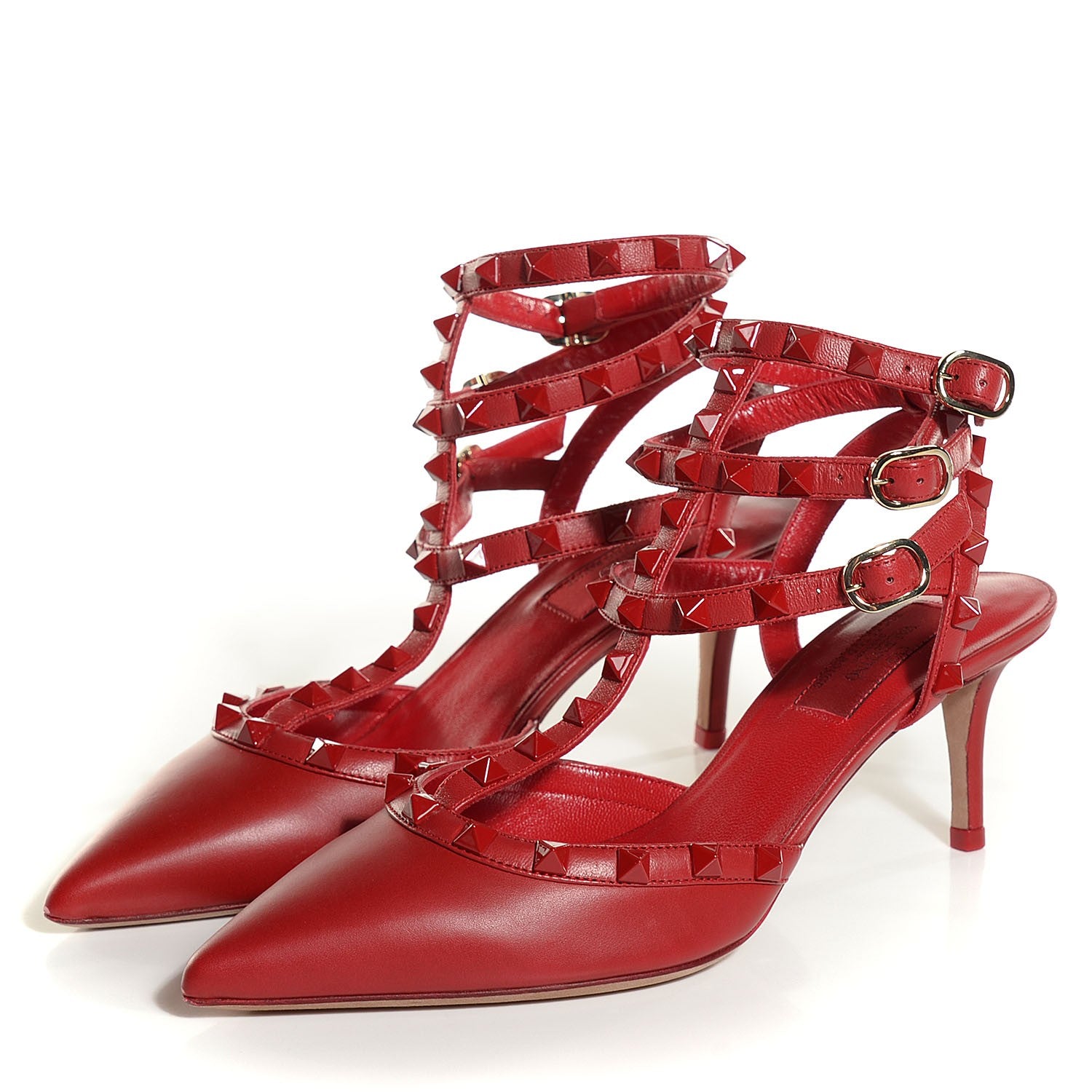 Valentino Garavani Calfskin Lacquered Monochrome Rockstud Ankle Strap 65mm Pumps 37.5 Rosso Valentino 3 of 7