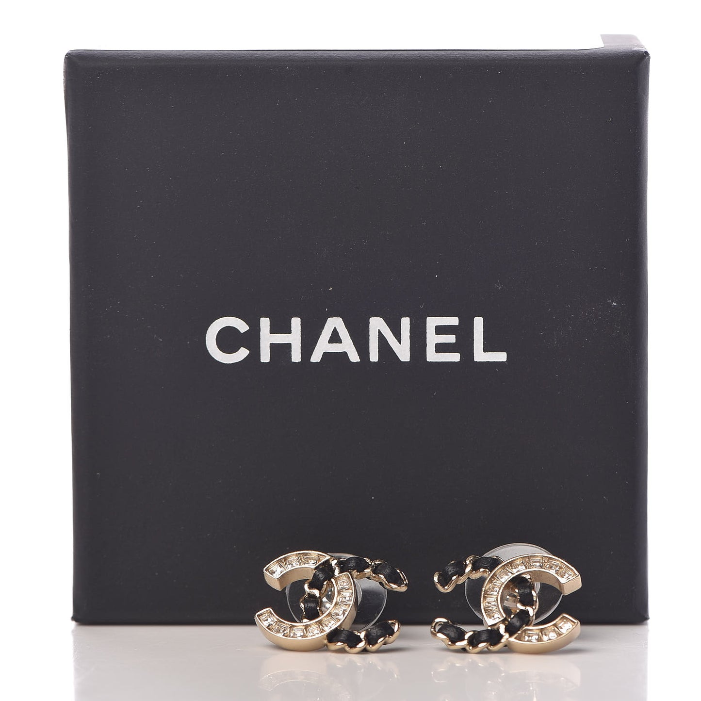 Crystal Baguette Lambskin Chain CC Vintage Allure Stud Earrings Black Gold