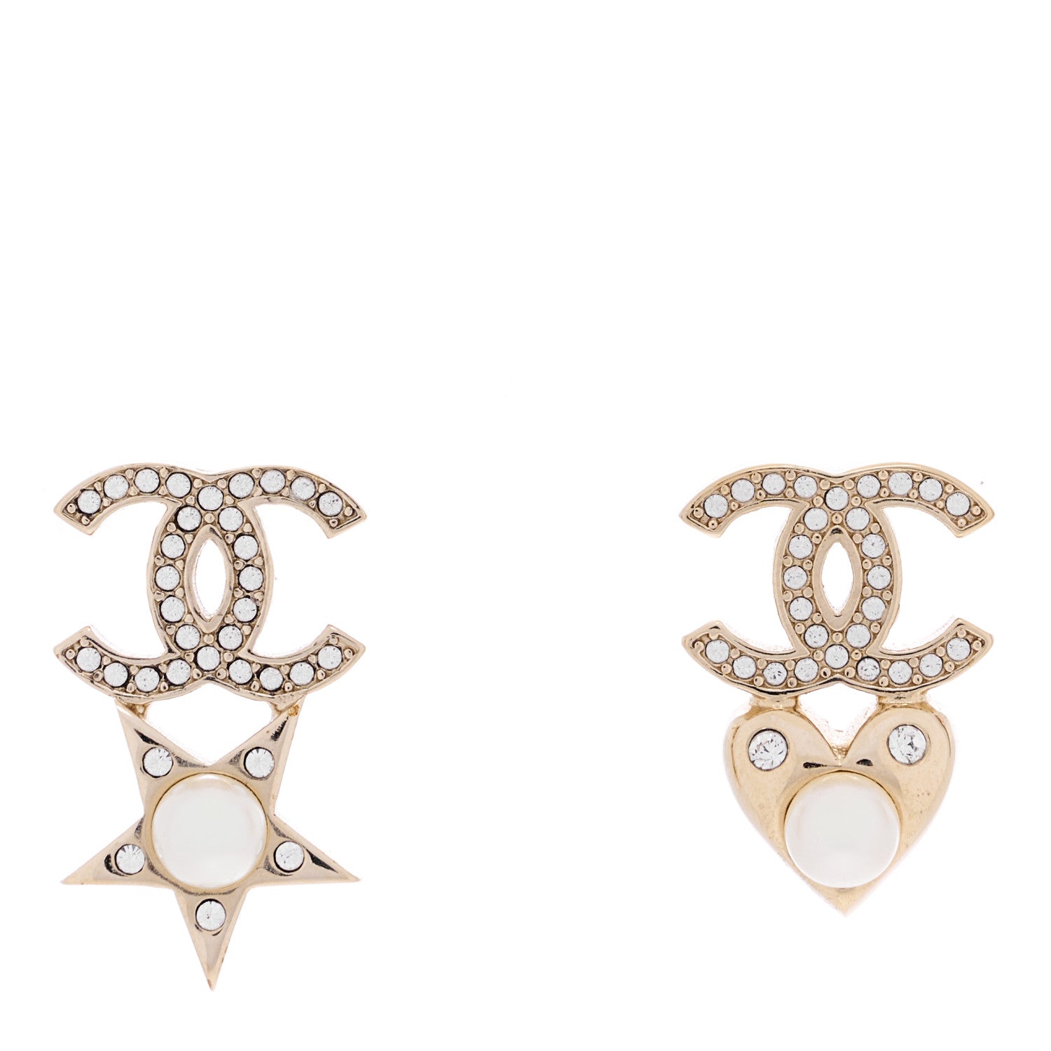 Chanel Crystal Pearl Charming Winter CC Star Heart Earrings Gold 1 of 4