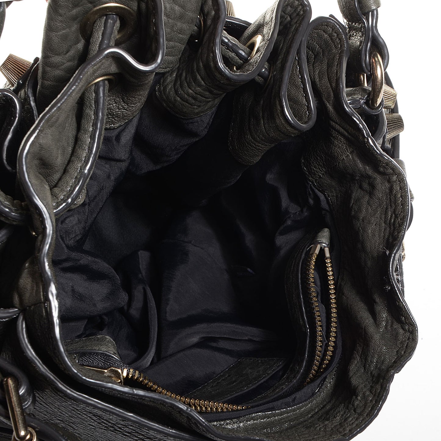 Pebbled Leather Antique Brass Diego Bucket Bag Charcoal