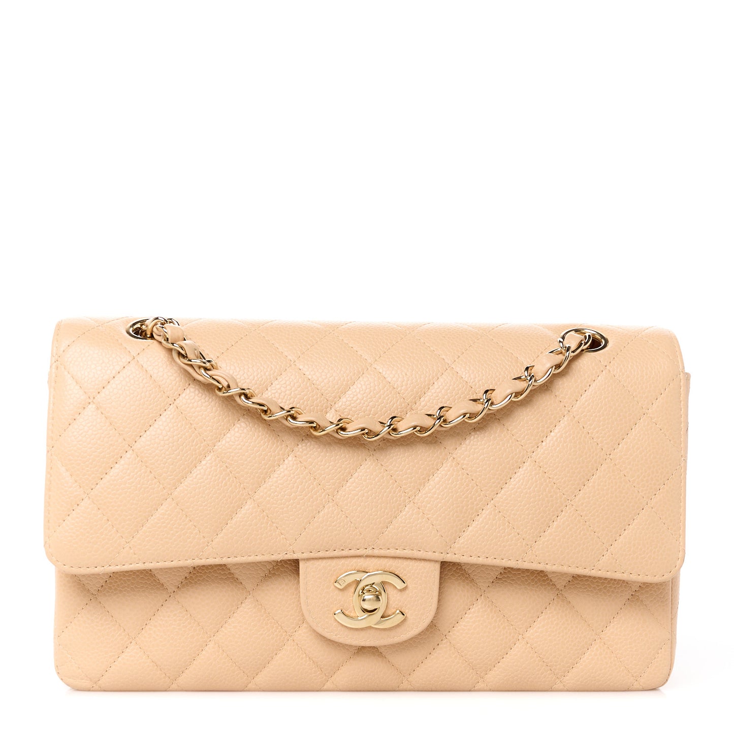 Caviar Quilted Medium Double Flap Beige