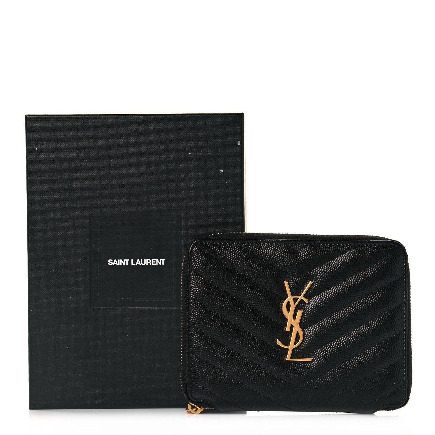 Saint Laurent Grain De Poudre Matelasse Chevron Monogram Compact Zip Around Wallet Black 9 of 9