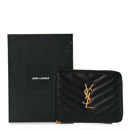 Saint Laurent Grain De Poudre Matelasse Chevron Monogram Compact Zip Around Wallet Black 9 of 9