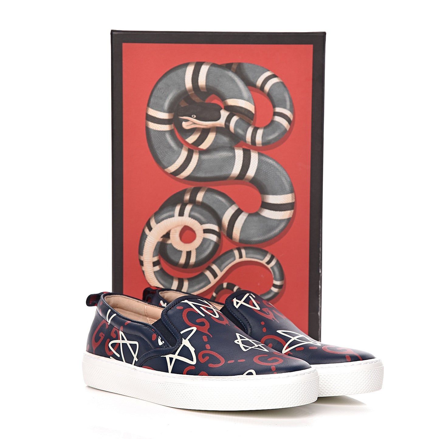 Calfskin GucciGhost Print Womens Slip On Sneakers 36.5 Blue Agata Hibiscus Red