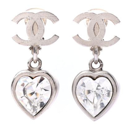 Chanel Crystal Heart CC Drop Clip On Earrings Silver 1 of 4