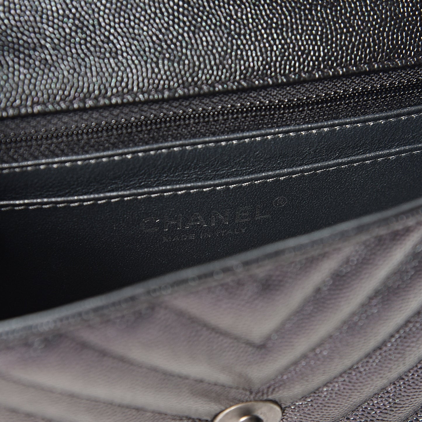 Iridescent Caviar Chevron Quilted Mini Rectangular Flap Black