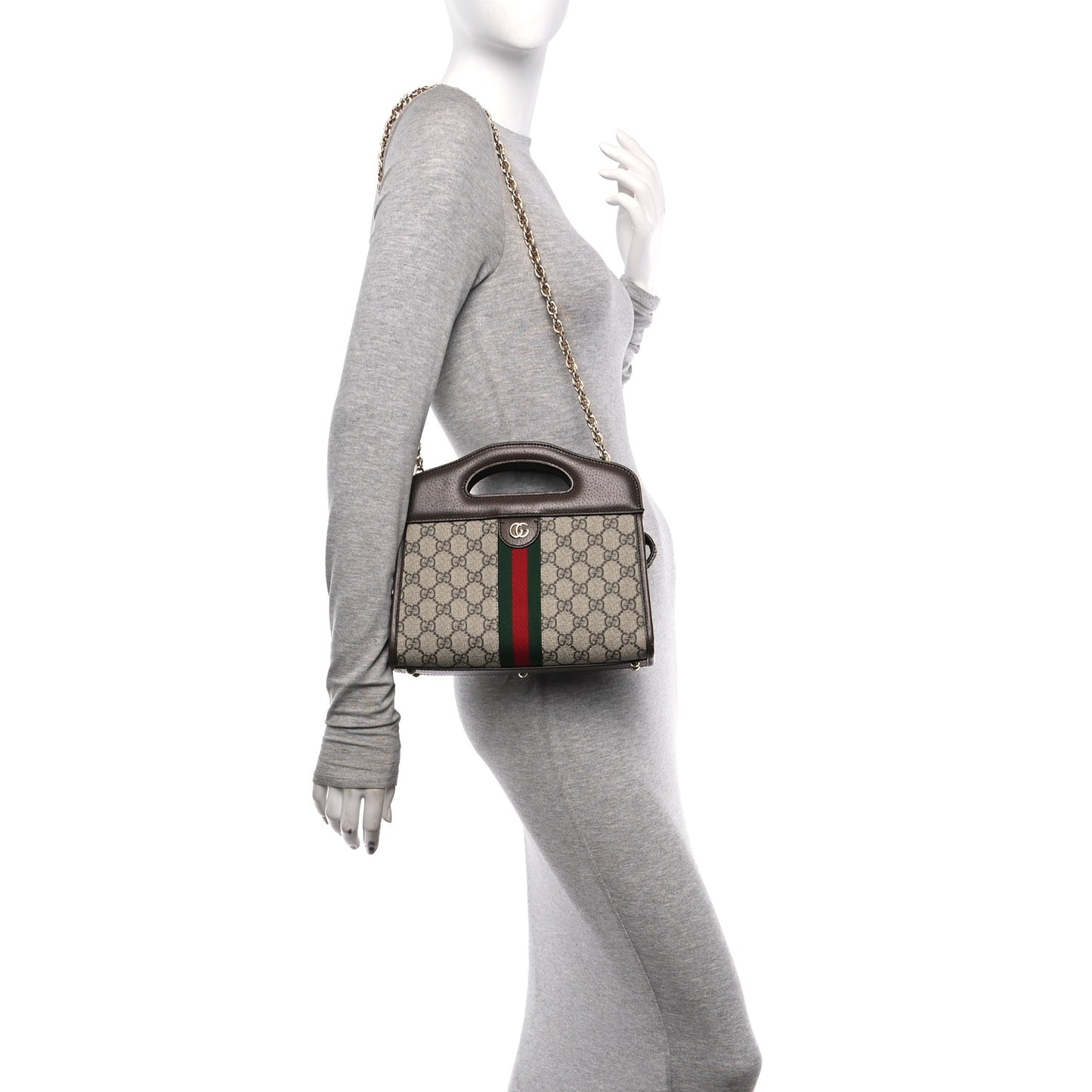 GG Supreme Monogram Textured Dollar Calfskin Web Small Ophidia Slip Handle Tote Beige Ebony New Acero