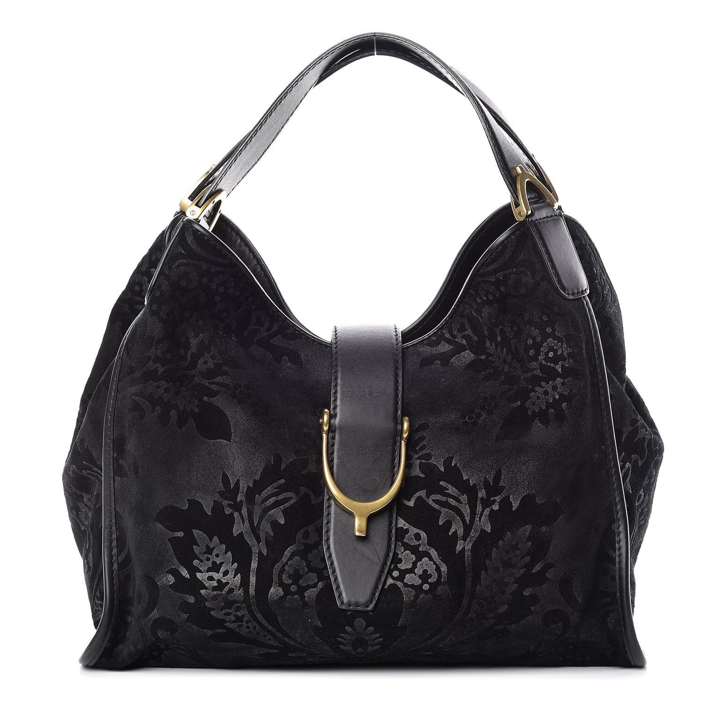 Nubuck Brocade Medium Soft Stirrup Shoulder Bag Black