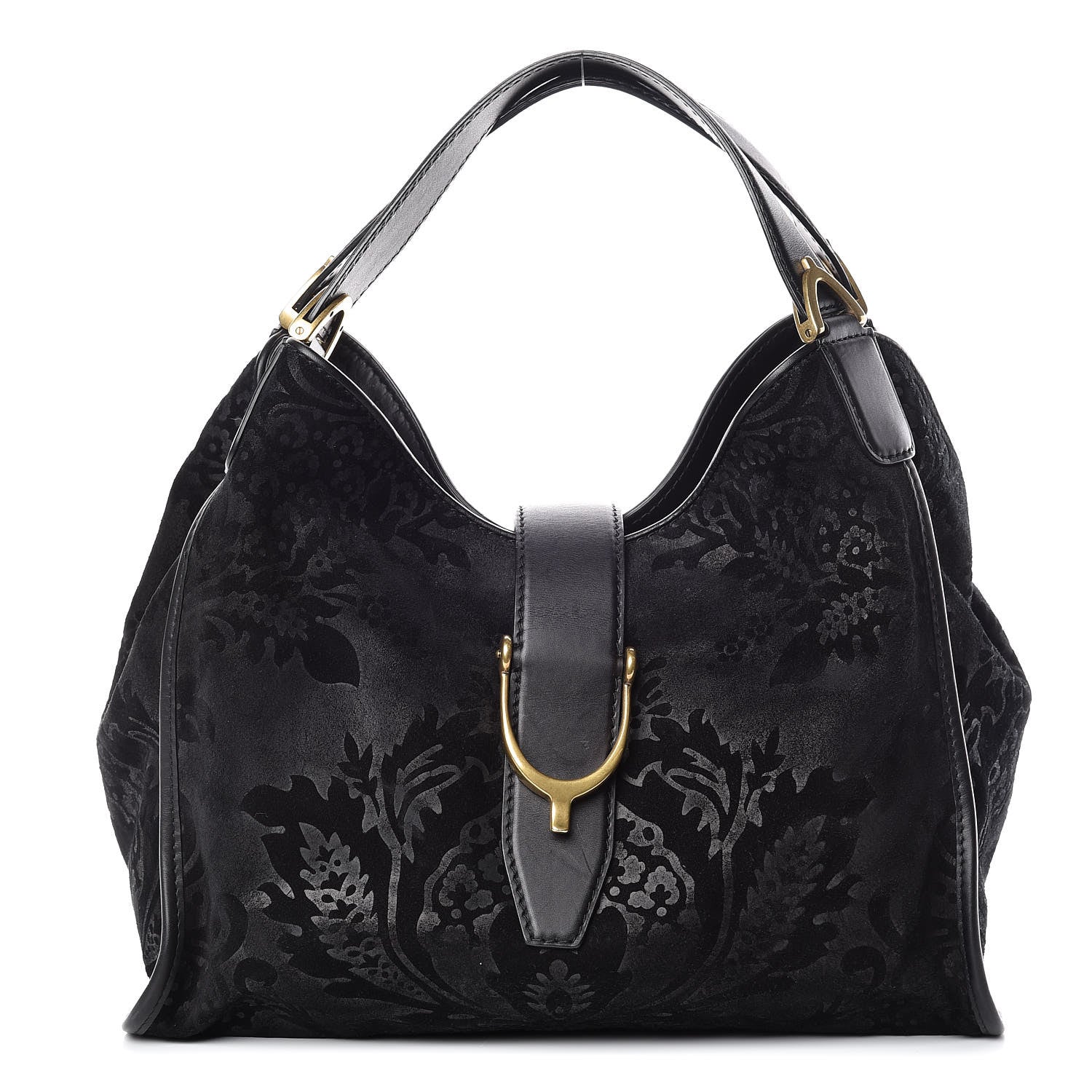 Gucci Nubuck Brocade Medium Soft Stirrup Shoulder Bag Black 1 of 15