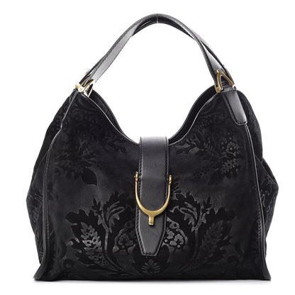 Gucci Nubuck Brocade Medium Soft Stirrup Shoulder Bag Black 1 of 15