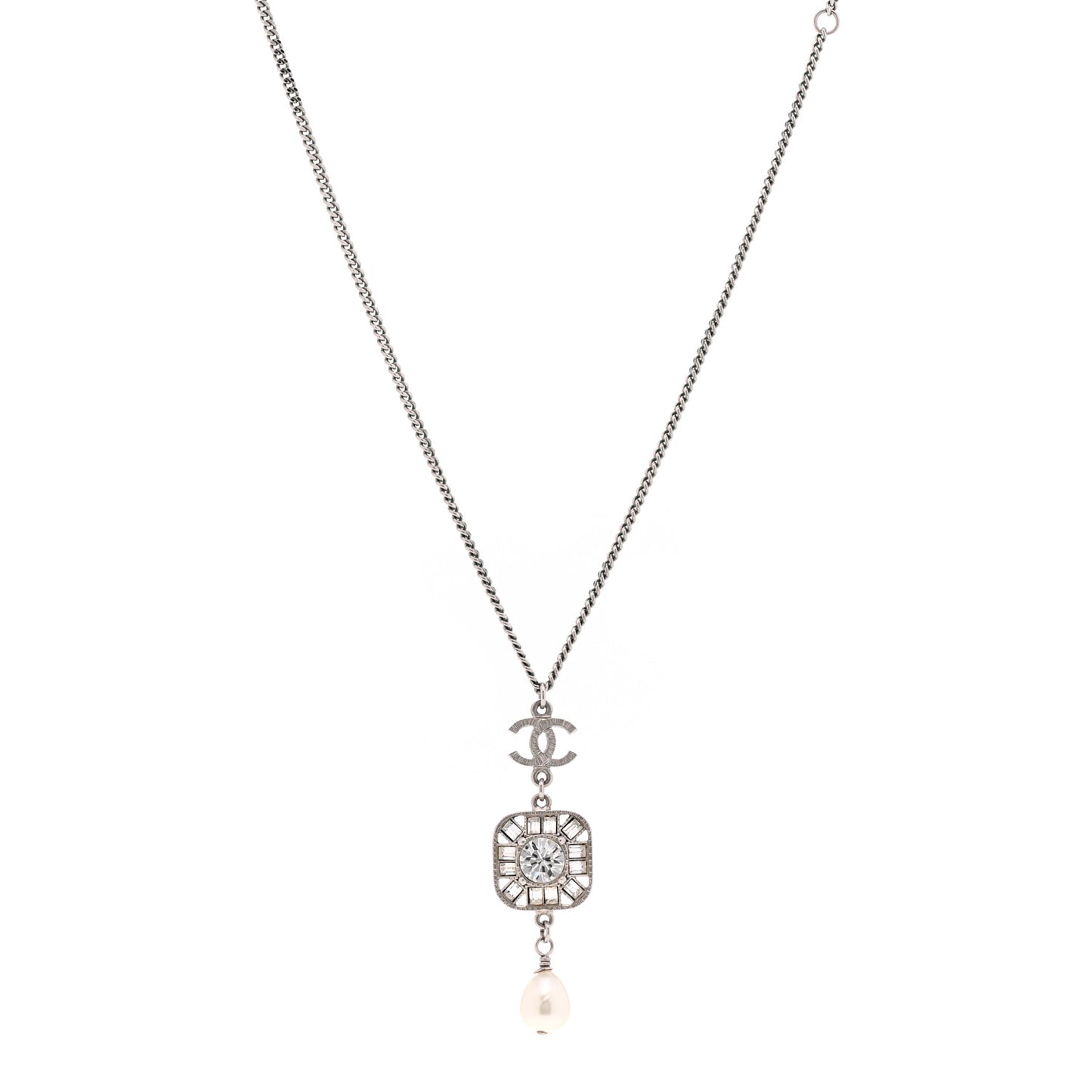 Crystal Baguette Pearl CC Necklace Silver