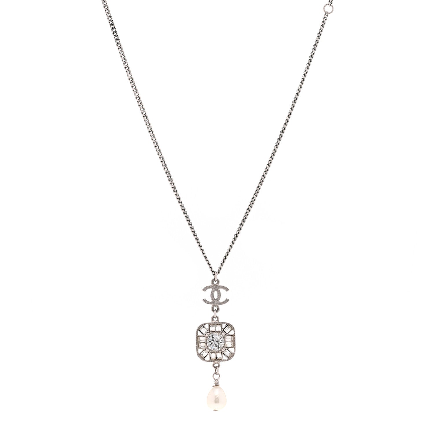 Chanel Crystal Baguette Pearl CC Necklace Silver 1 of 6