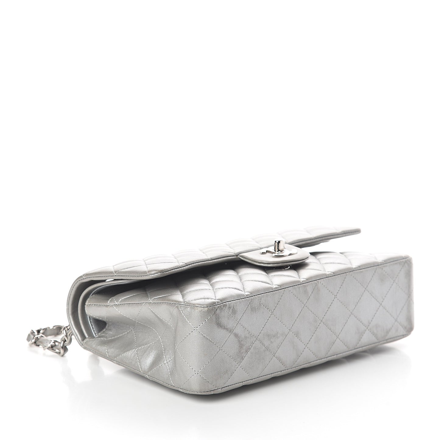 Metallic Lambskin Quilted Medium Double Flap Silver