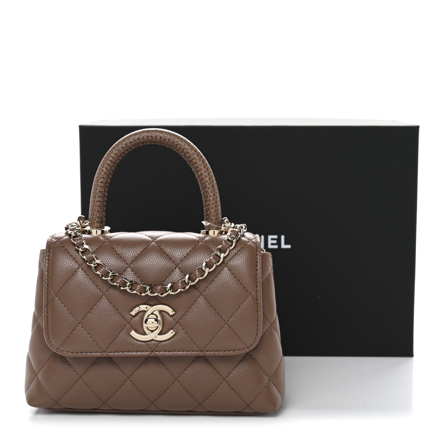 Caviar Lizard Embossed Quilted Coco Handle Clutch With Chain Brown
