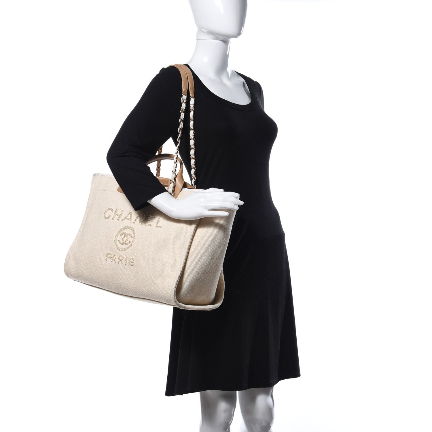 Chanel Canvas Pearl Medium Deauville Tote Ecru Beige 2 of 11