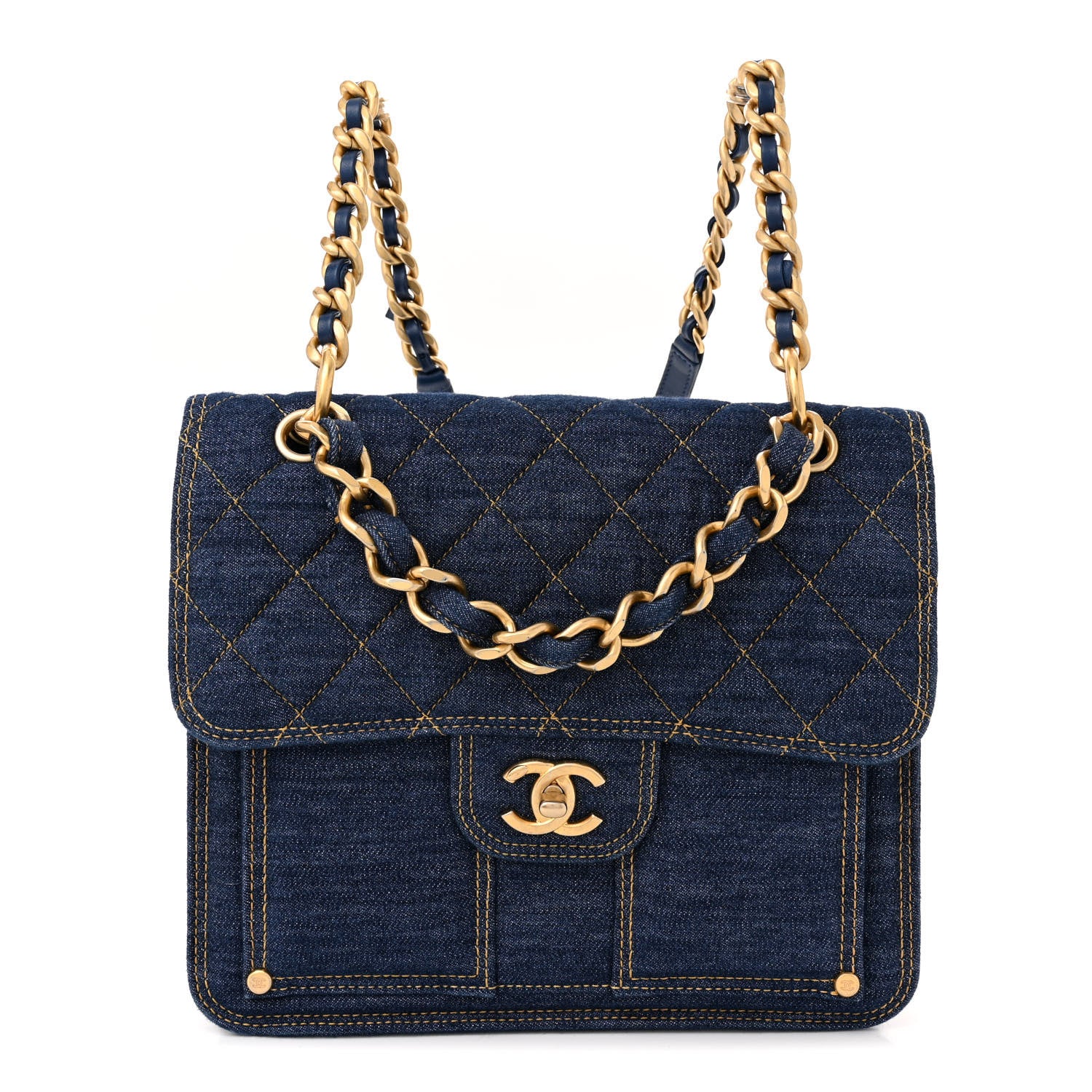 Chanel Denim Quilted Double You Backpack Blue Golden 1 of 12
