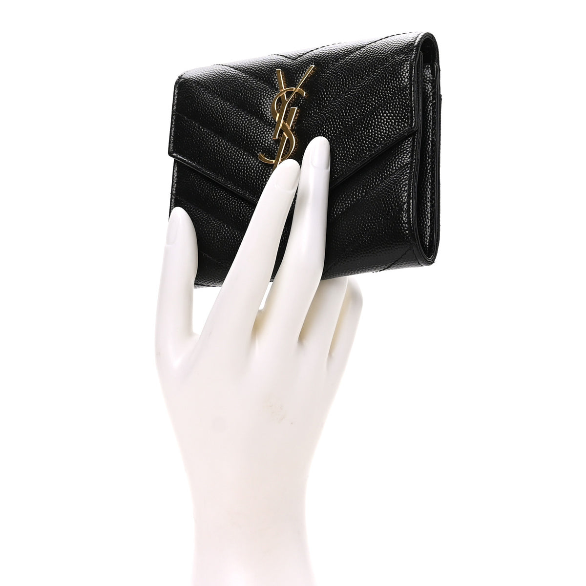 Grain De Poudre Matelasse Chevron Monogram Compact Tri Fold Wallet Black