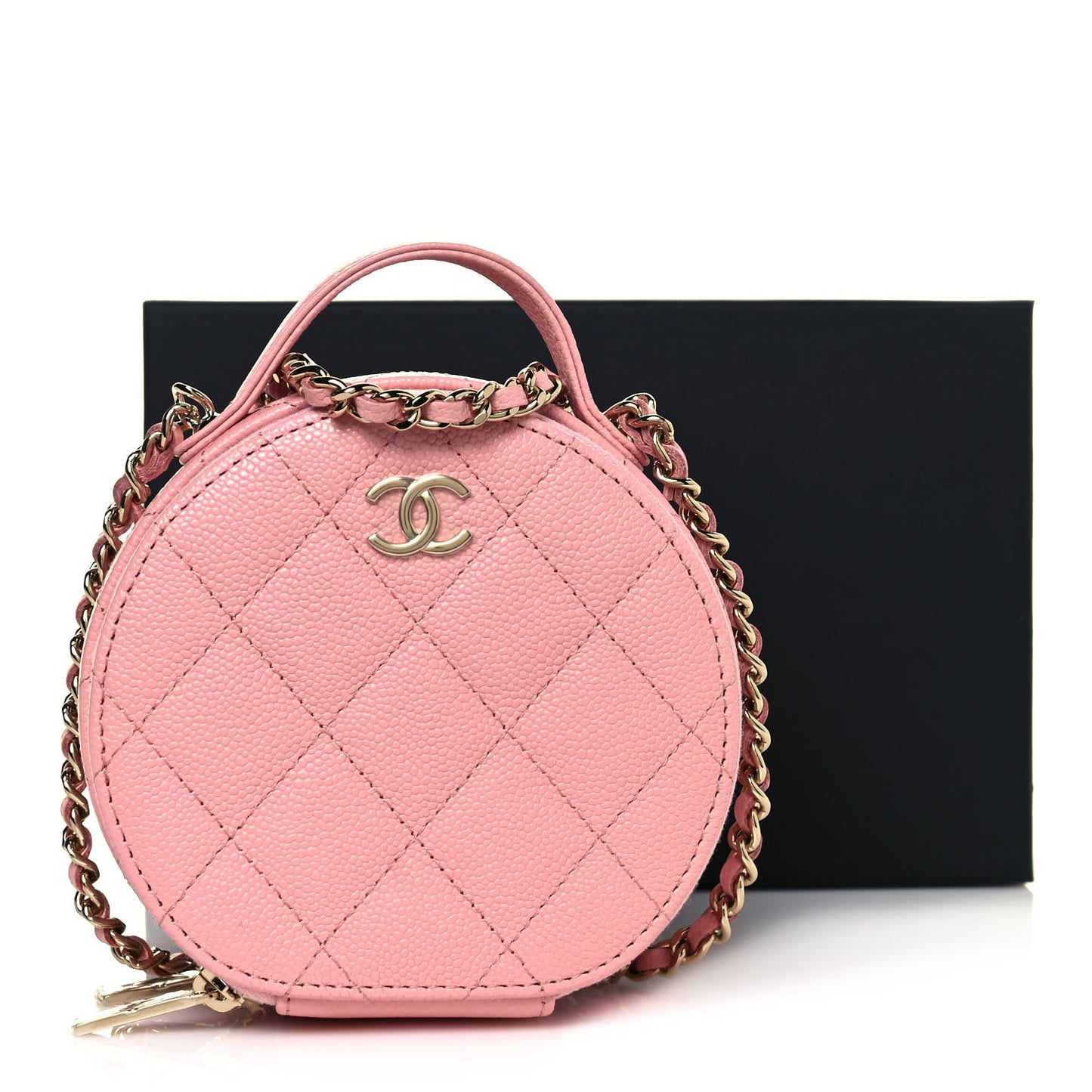 Caviar Quilted Round Handle With Care Vanity With Chain Pink