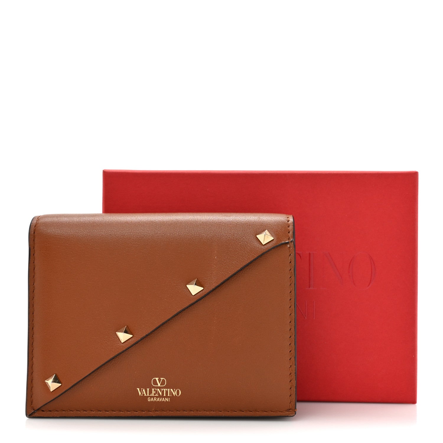 c*4様 VALENTINO GARAVANI Valentino Garavani Vitello Rockstud Compact Wallet Bright Cognac