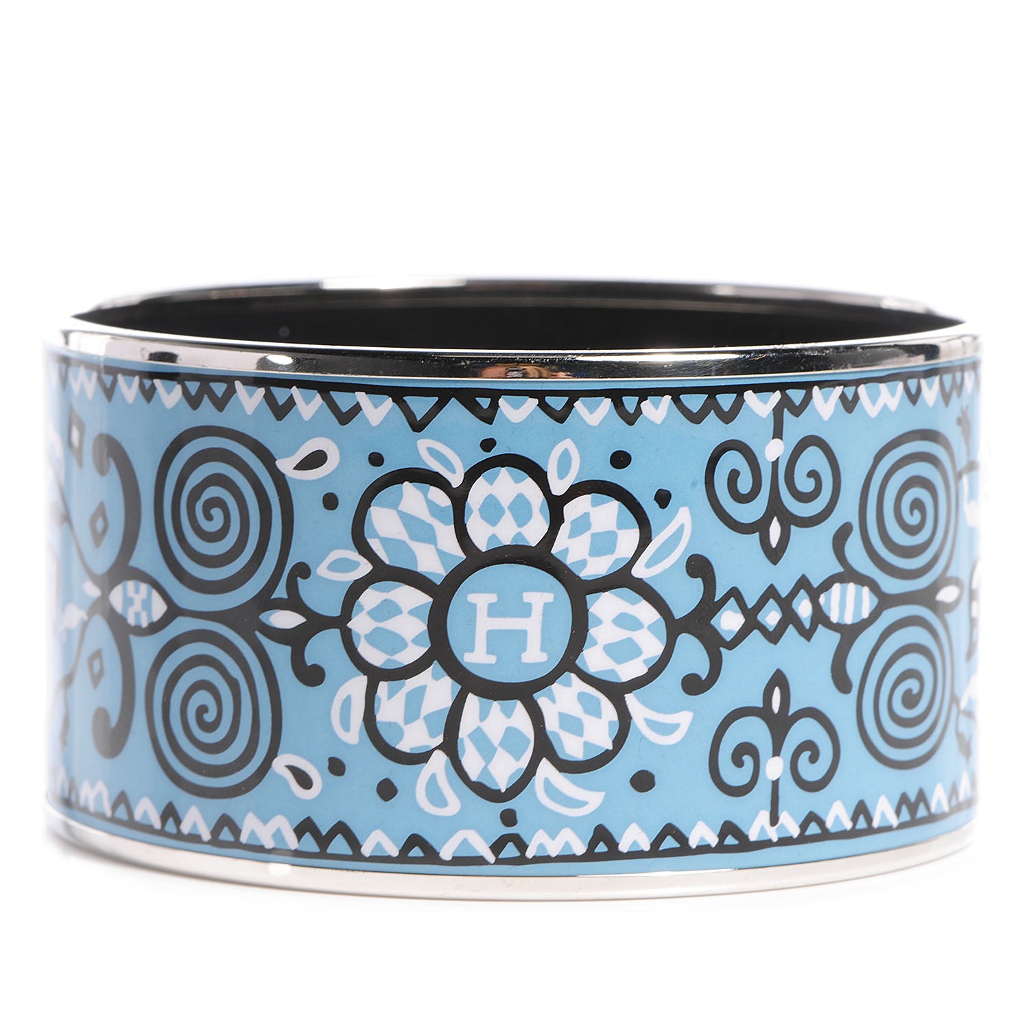 Hermes Enamel Printed Flowers Extra Wide Bracelet Bleu 70 3 of 6